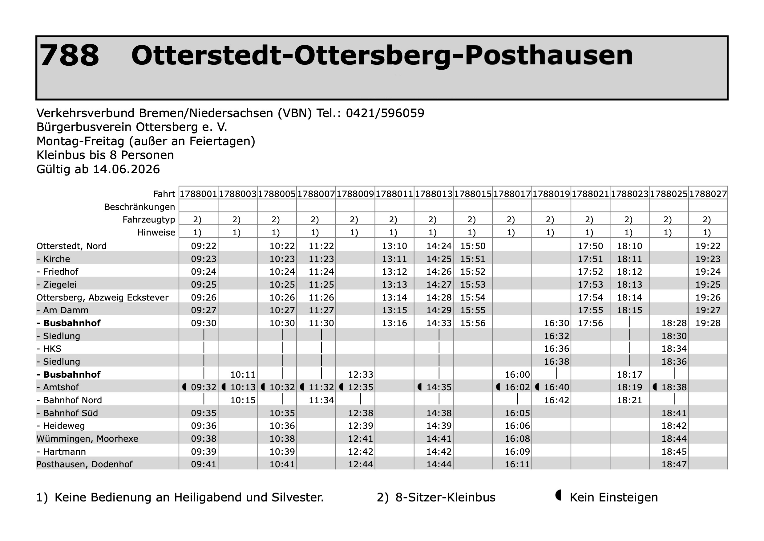 Fahrplan der Linie 788 von Otterstedt nach Posthausen