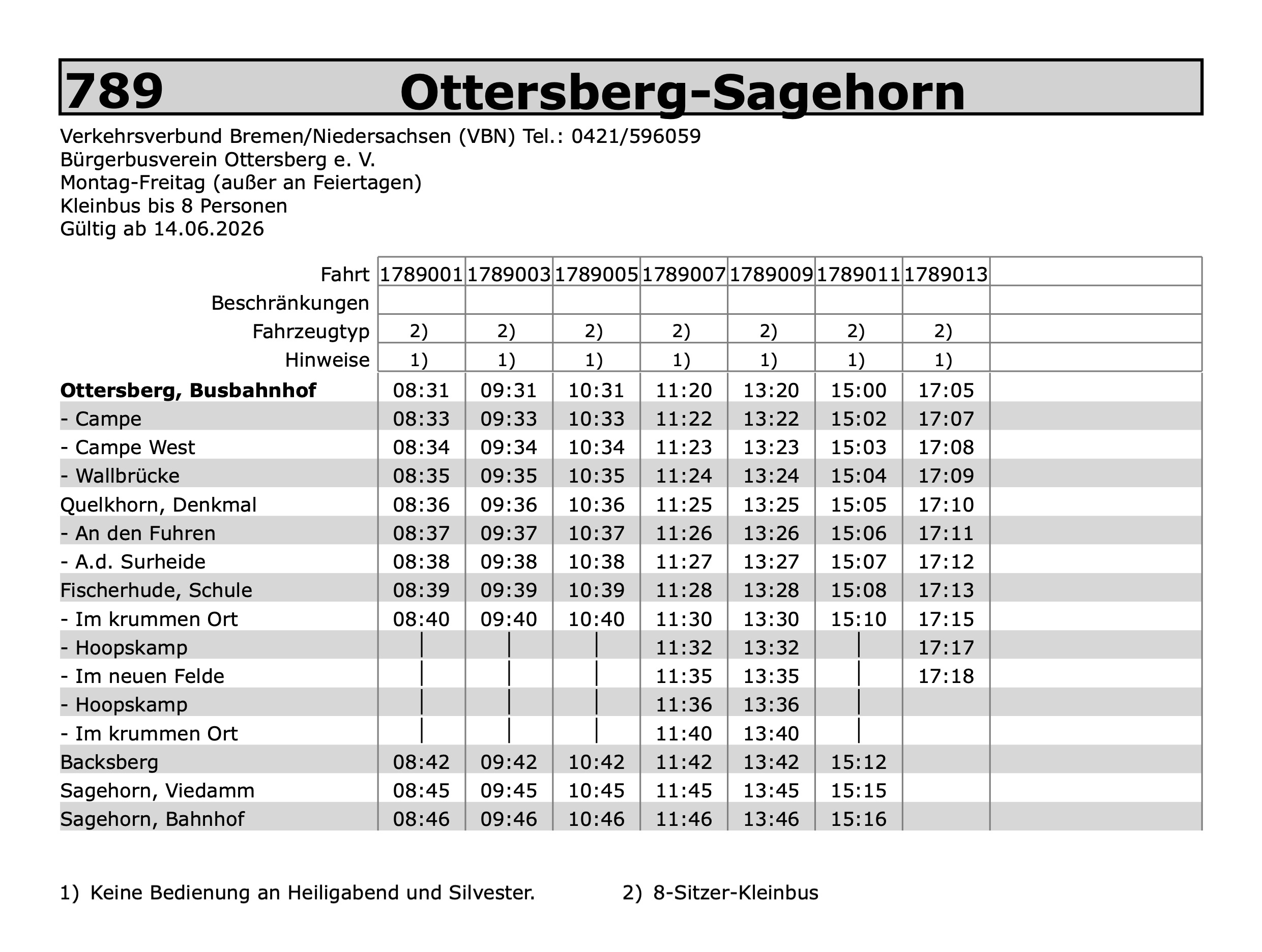 Fahrplan der Linie 789 von Ottersberg nach Sagehorn